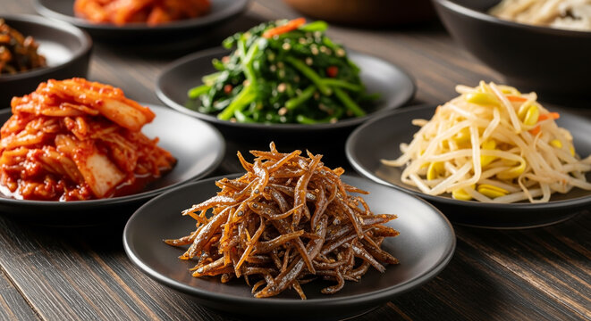Assortment of classic Korean side dishes (banchan): spicy kimchi, seasoned spinach, stir-fried anchovies (myeolchi bokkeum), and soybean sprouts (kongnamul). Authentic Asian food table setting.