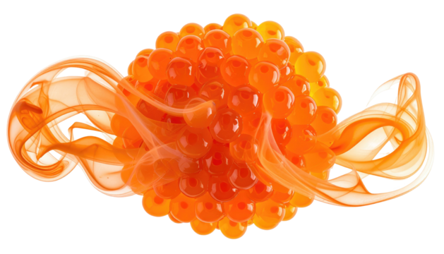 Spherical mass of orange spheres surrounded by smoke-like tendrils, all set against a transparent background