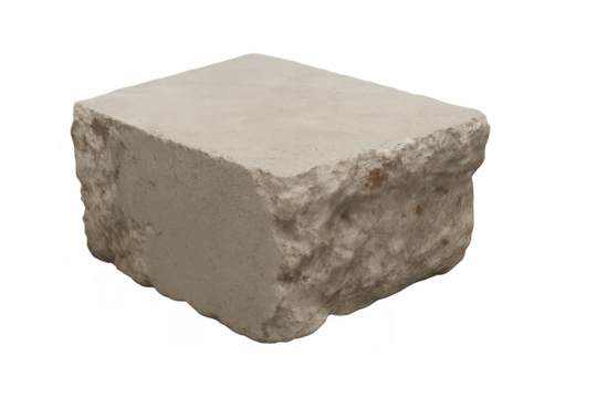 Concrete block studio shot on transparent background, showing rough texture and solid construction material