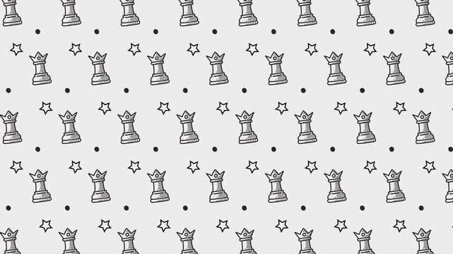 Chess queen with star and dot seamless loop animation background for chess game creative visual. Chess crown pattern background loop animation. Royal chessman motif motion graphic wallpaper. 4K Video