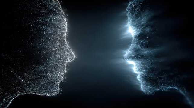 Two abstract glowing particle heads facing each other in darkness artificial intelligence