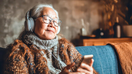 Elderly asian woman listening to music with headphones and smartphone at home