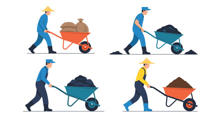 Workers pushing wheelbarrows with different materials various tasks.