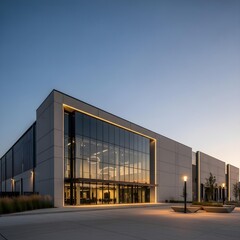 Obraz premium Twilight Elegance: A Sleek Modern Warehouse with Minimalist Industrial Design, Ambient Reflections, Clean Lines, and Soft Twilight Shadows in an Urban Setting