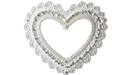 Lacy, white heart frame with scalloped edges, set against a black backdrop, suggests romance or celebration