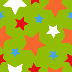Seamless pattern with colorful stars on green background