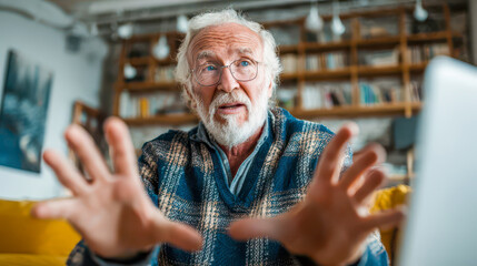 Senior man gesturing during video call on laptop at home