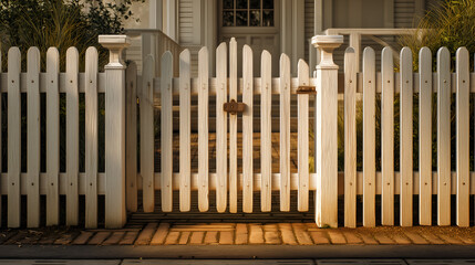 Fototapeta premium Closed white gate with latch, brick path, and tall grasses in warm light. Ideal for editorial, architecture, lifestyle, or home and garden photography themes.