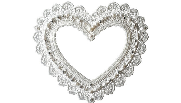 Lacy, white heart frame with scalloped edges, set against a black backdrop, suggests romance or celebration