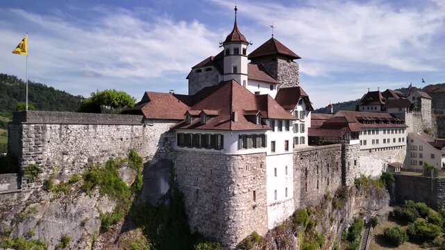 Aarburg reformed church landmark religions building on rocky hilltop Switzerland aerial drone