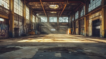 Sunbeams illuminate an abandoned, dusty warehouse with large windows and graffiti-covered walls.