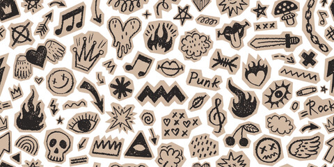 Punk rock music doodle icons seamless pattern. Hand drawn fire heart skull vector element. Punk rock tattoo scrapbook collage. Music scribble sketch cutout craft paper background. Grafitti sticker bg