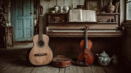 Musical mood photo , calssic guitar and violin Leaning next to the piano.