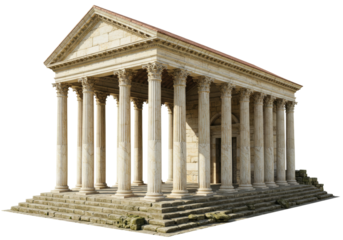 Isolated Roman temple in side view with large columns and steps leading to the entrance