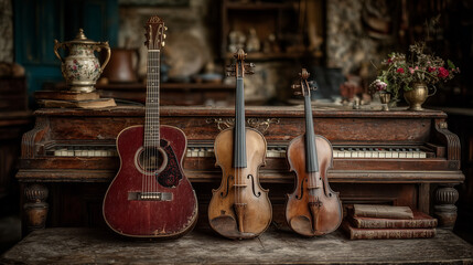 A guitar and 2 violins Leaning next to the piano , musical mood.