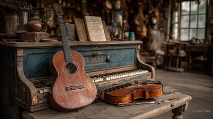 A classic guitar Leaning next to the piano.