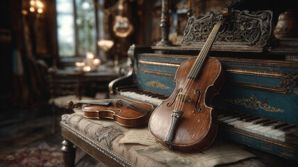 Close up violin is on the wooden piano , musical mood.