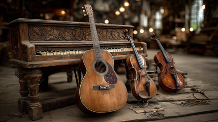 Close up a classic guitar and 2 violind Leaning next to the piano.