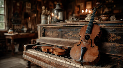 Close up violin is on the piano , musical mood.