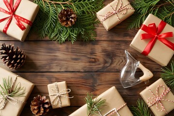 Christmas gifts and evergreen branches on rustic wooden background, festive, cozy winter scene, elegant holiday design, copy space, celebratory spirit, traditional style, seasonal joy, luxury Chris