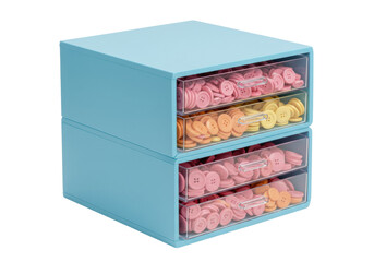 Isolated colorful craft organizer with plastic drawers full of sorted buttons collection