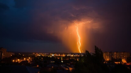 Lightning strike over city at night aerial view dramatic weather event with storm clouds and bright lightnings