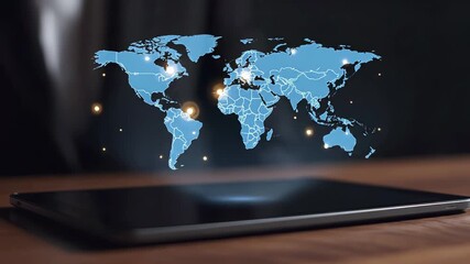 Digital tablet displays holographic world map with illuminated connection points. Global network visualization, international business connectivity, worldwide communication technology, logistics - Powered by Adobe
