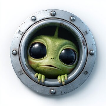 A cute green alien with large black eyes peeks through a round metal porthole window