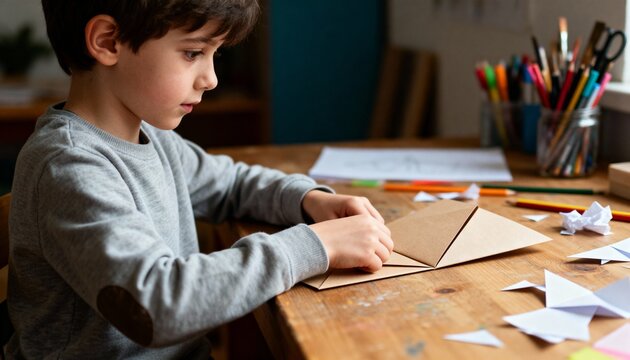 Child folding art paper in half with focused hands in earthy-toned workspace and documentary light