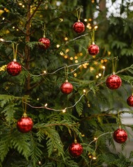 Obraz premium Festive Christmas tree with elegant red ornaments and sparkling lights, creating a warm holiday background, seasonal design, winter celebration, modern decoration, bokeh effect, cozy atmosphere