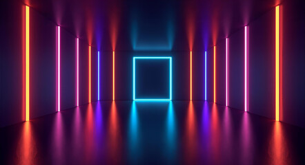 Futuristic neon corridor with glowing colorful lights and reflections in dark space