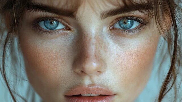 Close-up shot of a woman's face with noticeable freckles, suitable for beauty or personality-focused concepts
