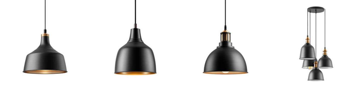 Set of modern black pendant lamps with golden accents on a white background