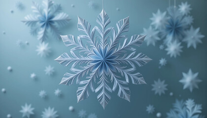 Delicate paper snowflakes hanging against a soft blue background creating a winter theme
