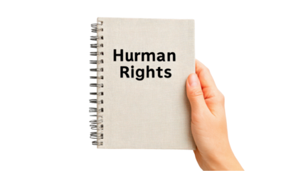 Hand Holding a Notebook with "Human Rights" Text on White Background