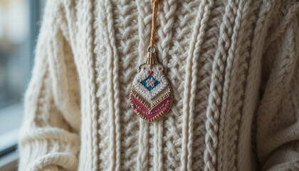 Cozy cable knit sweater adorned with a colorful decorative pendant in a cozy indoor setting
