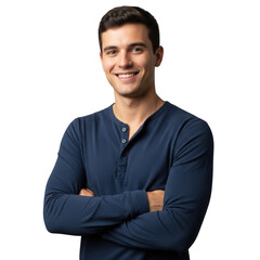 Smiling young man with arms crossed wearing a blue henley shirt isolated on transparent background