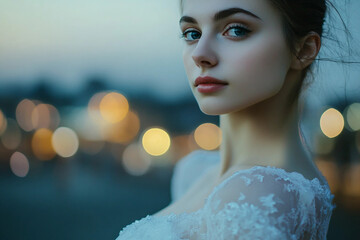 Confident ballerina dancing gracefully on city street with urban lights and modern reflections, generative ai