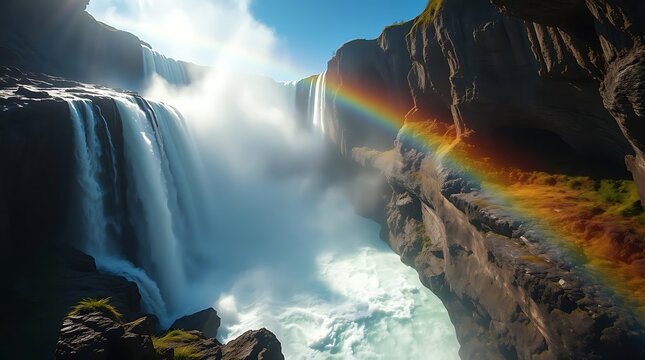 A hyperrealistic photograph of a powerful waterfall cascading into a deep ravine, with mist rising and sunlight creating a rainbow effect - Powered by Adobe
