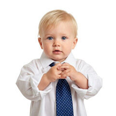 Adorable blonde baby boy wearing a white shirt and blue tie isolated on transparent background