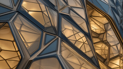 Fototapeta premium Geometric glass and metal facade with warm internal lighting and tessellated design. Ideal for editorial, architecture, design, or conceptual storytelling photography themes.