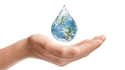 Hand Holding Water Drop with Earth Texture - Environmental Conservation Concept