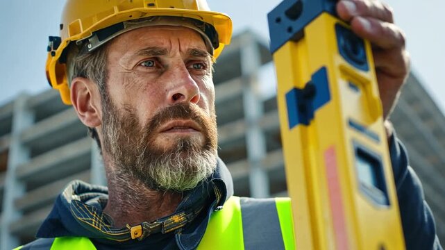 Blue-collar worker using a level - measurement tool on a construction platform, a scene of building contractor precision.