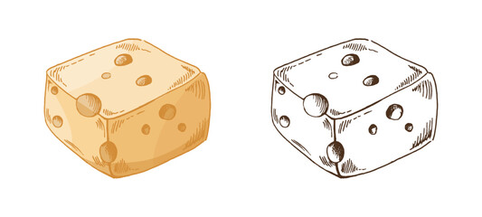 Hand drawn vintage sketch of cheese cube with holes in yellow color and monochrome version, detailed dairy food vector illustration