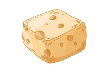 Hand drawn vintage sketch of cheese cube with holes in yellow color, detailed dairy food vector illustration, isolated