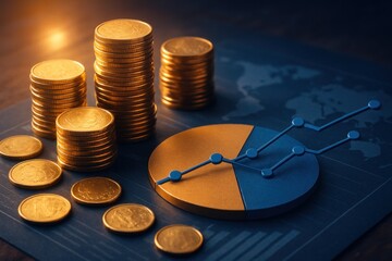 Golden coins stacked near a pie chart on a world map