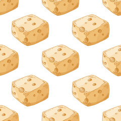 Hand drawn vintage seamless pattern of cheese cubes with holes in yellow color, detailed dairy food vector illustration