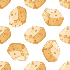 Hand drawn vintage seamless pattern of cheese cubes with holes in yellow color, detailed dairy food vector illustration