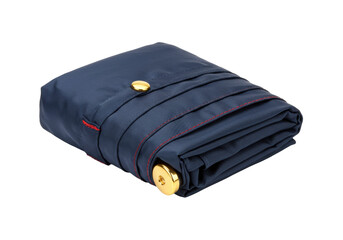 Isolated folded blue rain umbrella close-up with gold button. Lightweight and compact. Top View
