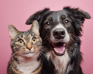 Fototapeta premium Cat and dog pair pose against pink backdrop in a cute companionship scene